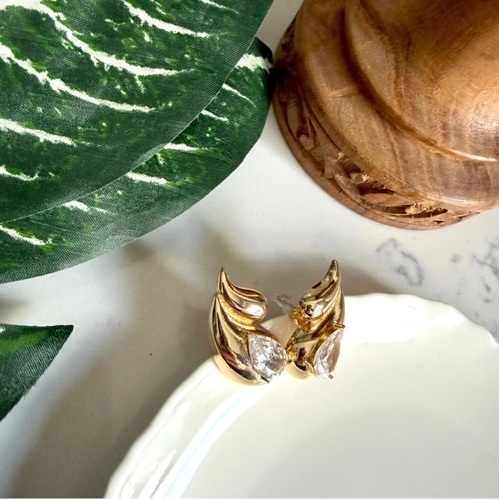 2/$30🌵 Gold Double Flame Teardrop Crystal Stone Earrings Studs Jewelry Gift NEW
